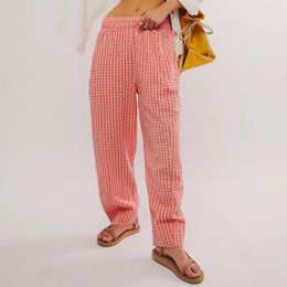 Women's Pants Gaono Women Pajamas Elastic Waist Straight Wide Leg Striped Plaid Print Lounge Casual Loose Fit Going Out Bottoms