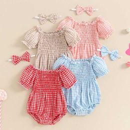 Rompers Summer Newborn Infant Baby Clothing Girls Off Shoulder Plaid Playsuit Jumpsuit with Headband Nebworn Clothes H240507