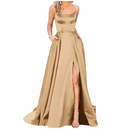 Casual Dresses Women'S Long Backless Satin Strap Party Dress Side Slit Wedding Pockets Elegant For Women