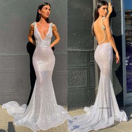 Modest New Arrival Mermaid Evening V Line Spaghetti Sequins Formal Dresses Backless Sweep Train Party Gowns 0431