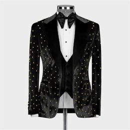 Men's Suits Blazers Black mens velvet formal set ultra-thin suitable for grooms wedding evening dress customized golden pearl ball jacket Q240507