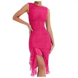 Casual Dresses Pink Elegant Ruffle Ruched Midi Dress For Women Summer Backless Sleeveless Irregular Club Party Sexy Vestidos De Fiesta