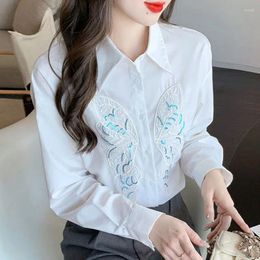 Women's Blouses Spring Autumn Turn-down Collar Solid Butterfly Sequined Embroidered Button Cardigan Long Sleeve Chiffon Shirt Coats Tops