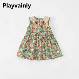Girl's Dresses Korean Style New Summer Baby Girls Vest Dress Cute Strawberry Peter Pan Collar Sleeveless Princess Kids Clothes E7218 H240507