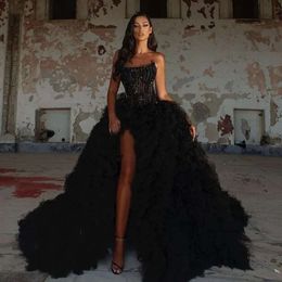 Black Prom Lace Layered Sleeveless Strapless Bateau Appliques Sequins Beaded Evening Dresses Side Slit Floor Length Party Gowns Plus Size Custom Made 0431