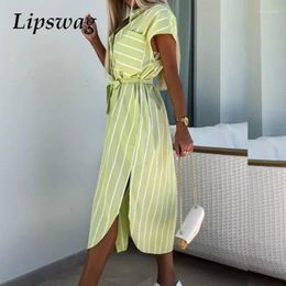 Party Dresses 2024 Elegant Short Sleeve Lace-up Dress All Match Women Button Split Long Fashion Lady Striped Pockets Office