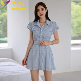 Party Dresses 2024 Summer Formal Blue Stripe Short Sleeve Pocket Polo Neck Shirt A-line Dress Elegant Slim Bodycon Chic Office Lady