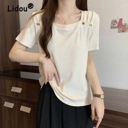 Women's T-Shirt Womens clothing Korean style pleated button fashionable sweet rib Kint T-shirt summer fashion square neck short sleeved solid Y2K topL2405