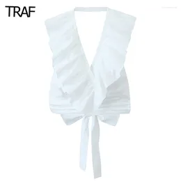 Women's Tanks White Halter Top Women Sexy Bustier Woman Ruffle Backless Ladies Summer Tops 2024 Lace-Up Crop Female Tank