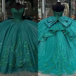 Green Dresses Appliqued Princess Emerald Prom Ball Gown Sweetheart Glitter Sequins Vestido De Quinceanera Bow 15 Masquerade Dress