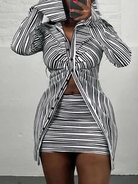 Work Dresses SKMY 2 Piece Sets Women Outfit Striped Printed Long Sleeve Trun-Down Collar Single Breasted Shirts Tops And Mini Skirt