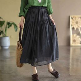 Skirts Women Summer Retro Cotton Linen Women Skirts Korean Fashion A-line Midi Skirt Elastic Waist Green Simple Basic Long Skirt