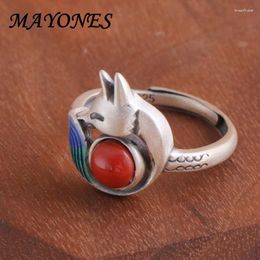 Cluster Rings S925 Sterling Silver Charm Jewellery For Women's Retro Distressed South Red Agate Burnt Blue Thai Ring