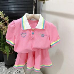 Clothing Sets Kids Girls Summer Shorts Lapel Collar Pullover T-Shirt Heart Embroidery Letter Print Tops High Waist A-Line Skirt