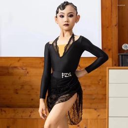 Stage Wear 2024 Kids Latin Dance Dress Girls Long Sleeves Lace Black Suit Cha Rumba Clothes Performance Costume DNV19251