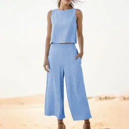 Women's Two Piece Pants 2024 Summer Solid Color Suits Elegant O-neck Sleeveless Office Sets Casual Simple Tunic Workwear Daily Suit