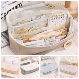 Large Capacity Desktop Storage Pouch Simple Korean Style Multi-layer Stationery Bag Canvas Zipper Pencil Cases Office Supplies