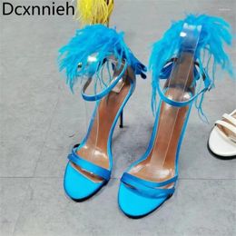 Sandals Summer Woman Sexy Feather High Heel Party Wedding Shoes Fluffy Runway Thin Satin Pumps Women Dress 2024