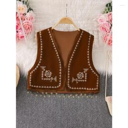 Women's Vests Ethnic Style For Women 2024 Summer Vintage Tassel Patchwoork Embroidery Brown Vest Tops Short Outwear Coats Dropship