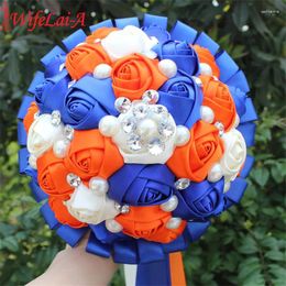 Wedding Flowers Ivory Royal Blue Bouquet Pearls Beaded Crystal Pretty Silk Rose Holding Bridal Accept Custom W270