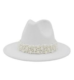 2020 Women Wide Brim Imitation Wool Felt Fedora Hats Fashion Church Party Female Dress Hat Pearl Ribbon Decor White Hat8679477