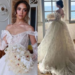 Panna młoda na ślubne sukienki boho z ramion Fulllace Suknie ślubne iluzja stanika szata de Mariage Lacefull Bow Bridal Suknie