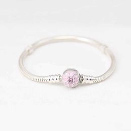 Bangle Pink Enamel Dahlia Buckle Bracelet Womens Bead Charm Authentic S925 Sterling Silver Jewelry Girls and Gift Q240506