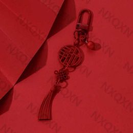 Keychains Lanyards Classic Red Chinese Keychain Hollow Fu Enamel Key Ring New Year Key Ring For Women Men Handmade Jewellery Airpods Decoration Set