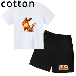 Clothing Sets Kids Cartoon Grizzy Print Casual Short Sleeve Cotton T-shirts Pants Suits 2-14 Years Boys Girls Summer Sports Children Clothes