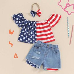 Clothing Sets Kids Clothes Girls Summer Outfit Off-shoulder T-shirt with Patchwork Denim Shorts Headband 4th of July for 1-5Y H240507