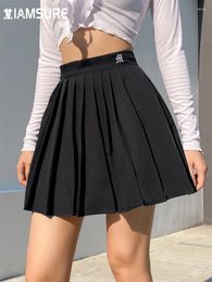 Skirts IAMSURE Preppy Style Casual Letter Embroidered 90s Pleated Skirt Korean Streetwear Fashion High Waist Mini For Women