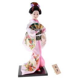 Miniatures 12Inch Japanese Kimono Doll Geisha Figurine with Fan Ornaments Gift Art Craft Collectables Pink Cloth Gift for Girl