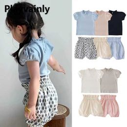 Clothing Sets New Summer Baby Girls Cotton Ruffle Round Neck Short Sleeve T-shirt+Flower Bud Shorts Children Two-piece Set Clothes H240507