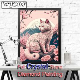 Stitch 5D DIY Full Square Crystal Diamond Painting Japanese Sakura Cat Mosaic Embroidery Cross Stitch Crystal Diamond Art Home Decor