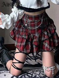 Skirts AltGoth Punk Gothic Red Plaid Skirt Womens Vintage Y2k E-girl Emo Alt Waist Cake Skirt Harajuku Fairycore Grunge Clubwear Q240507