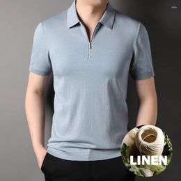 Men's Polos Breathable Linen Zipper Polo Neck Short Sleeve T Shirt For Men Silk And Cotton Blended Summer Lightweight Business Casual Tops