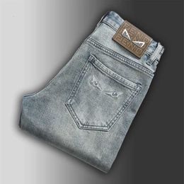 Spring 2024 High End Light Blue Mens Casual Pants Elastic Little Eyes Slim Fit Small Straight Leg Jeans