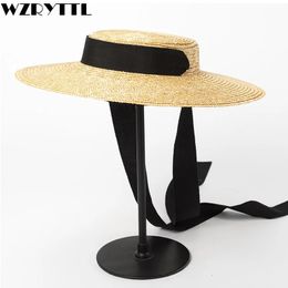 Wide Brim Boater Hat 10cm 15cm Straw Flat Women Summer Derby White Black Ribbon Tie Sun Beach Cap 240408