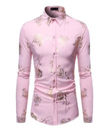 Stylish Rose Floral Gold Print Pink Shirt Men 2020 New Slim Fit Long Sleeve Mens Dress Shirts Club Party Wedding Camisa Social LJ22868195