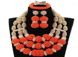 Earrings Necklace Orange Coral Beads Pendant African Wedding Jewelry Set Dubai Gold Nigeria Bride Handmade NCL13288695997237121