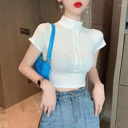 Women's T Shirts Woman TShirts High Waist Top Summer Stand Collar Zipper Short Sleeve T-shirt Crop Mujer Camisetas