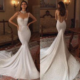 Pearls Mermaid Dresses Spaghetti Berta Wedding Dress Sweep Train Illusion Back Bridal Gowns