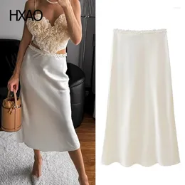 Skirts HXAO Satin For Women Trumpet Skirt Ruffle Dress Spring Midi Fashion Elastic Waist Female Elegant Silk
