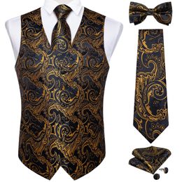 Luxury Golden Black Paisley Silk Men Suit Vest Tie Set Wedding Prom Tuxedo Waistcoat with Bow Groom Vests Clothing 240507
