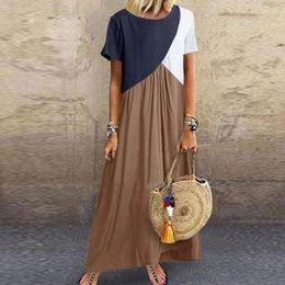 Casual Dresses Women Maxi Female 2024 Summer Long Dress Short Sleeve Patchwork Colour Ladies Sundress Loose Femme Vestidos