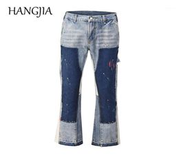 Men039s Jeans Distressed Splash Ink Flare Urban Streetwear Patch Mens Wide Leg Hip Hop Heavy Wash Blue Slim Fit Denim Pants Men2473188