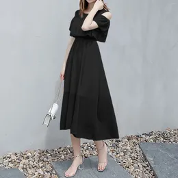 Casual Dresses Ladies Elegant Solid Color Long Dress Summer Round Neck Short Sleeve A-line Maxi Slim Waist Dew Shoulder Female