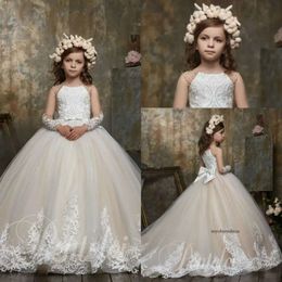 Lovely Ball Gown Flower Girl Dresses Jewel Long Sleeve Lace Applique Crystal Bow Pearls Pageant Dress Floor Length Girl's Birthday Party 0431