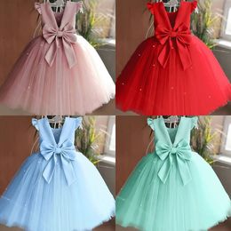 Summer Girls Lace Dresses For Kids 15 Year Flower Birthday Tulle Dress Backless Bow Princess Wedding Gown Party Wear Child 240420