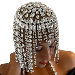 Luxury crystal square tassel hair chain brides headwear womens carnival accessories rhinestone geometric headwear chain cap Jewellery 240430